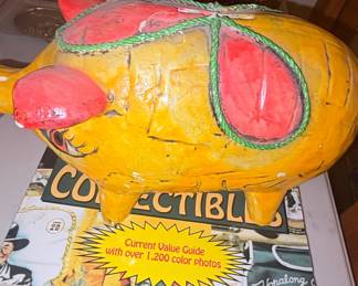 Vintage Yellow Piggy Bank with Red Ears and Green Rope Detail