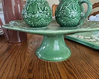 Bordallo Pinheiro Green Bunny and Carrot Ceramic Sugar Bowl and Creamer Set with Cake Stand