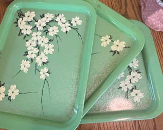 Vintage Enamelware Serving Tray with Cherry Blossom Design - Pastel Green