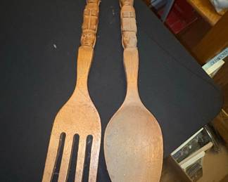 Oversized Carved Wooden Tiki Spoon and Fork Wall Decor