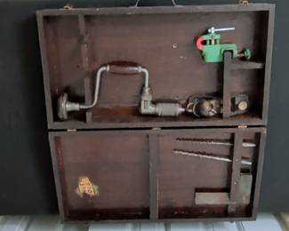 Stanley Hand Brace and Drill Bit Set in Metal Case