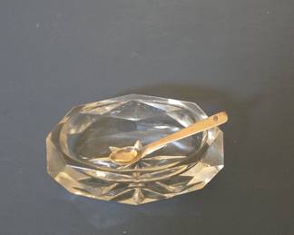 Antique Cut Crystal Salt Cellar with Spoon - Starburst Pattern