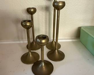 Set of 5 Mid-Century Modern Brass Candlesticks