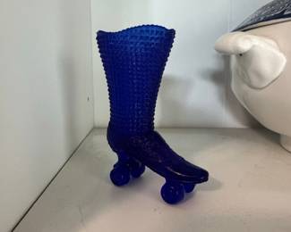 Cobalt Blue Glass Hobnail Roller Skate Figurine