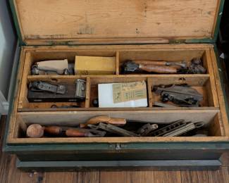 Antique Wooden Tool Chest with Assorted Hand Tools