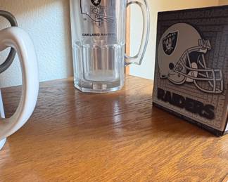 Oakland Raiders Football Helmet Glass Beer Mug and Facial Tissues Box