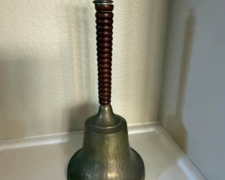 Vintage Hammered Metal Bell with Ribbed Wooden Handle