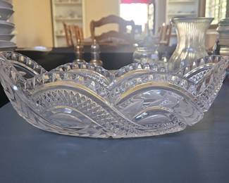 American Brilliant Period Cut Crystal Oval Serving Bowl with Sunburst and Wheat Sheaf Motif