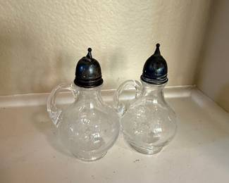 Pair of Etched Glass Shakers with Silver-Plated Tops