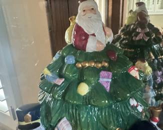 Spode "Christmas Tree" Cookie Jar with Santa, Teddy Bear, and Nutcracker Figures