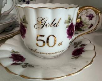 Lefton China Gold 50th Anniversary Tea Cup and Saucer Set with Lidded Trinket Box and Swan Creamer