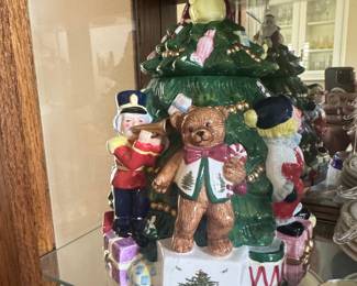 Spode "Christmas Tree" Cookie Jar with Santa, Teddy Bear, and Nutcracker Figures