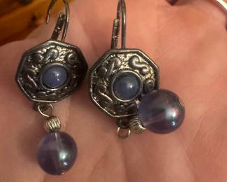 Octagonal Filigree Earrings with Blue Kyanite and Pearl Drop