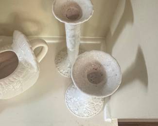 Pair of White Porcelain Candlesticks with Floral Relief - Austrian