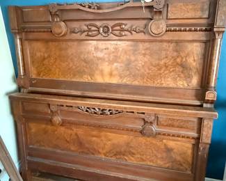 Antique Victorian Burled Walnut Full Size Bed Frame