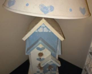 Shabby Chic Blue & White Birdhouse Table Lamp with Heart-Decorated Shade