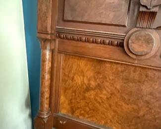 Antique Eastlake Victorian Walnut Burl Full Size Bed Frame