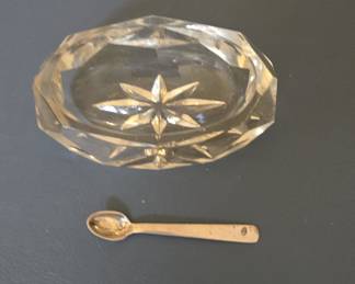 Antique Cut Crystal Salt Cellar with Spoon - Starburst Pattern