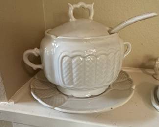 White Ceramic Thanksgiving Serving Set with Tureen, Pumpkin Butter Dish, Turkey Gravy Boat, and Candlesticks