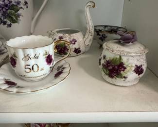 Lefton China Gold 50th Anniversary Tea Cup and Saucer Set with Lidded Trinket Box and Swan Creamer