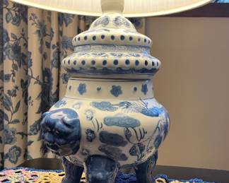 Repurposed&nbsp;Chinoiserie Blue & White Ceramic Tripod Incense Burner Table Lamp