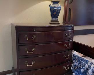 Link Taylor Mahogany Chippendale Style Bed Side Chest, Blue & Gold Porcelain Chinoiserie Table Lamp