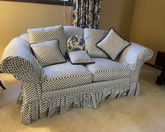 Blue & White Upholstery Skirted Love Seat
