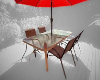 White Metal Framed Patio Table, Red Patio Umbrella, Patio Chairs
