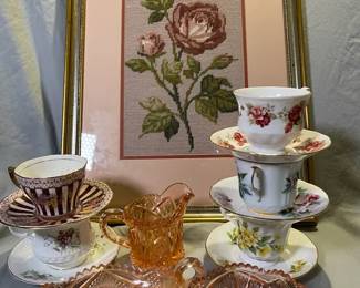 Sweet Pink Pressed Glass, Tea Cup Floral Lot
