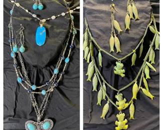 Turquoise And Silver Colored Jewelry And Green Metal Set