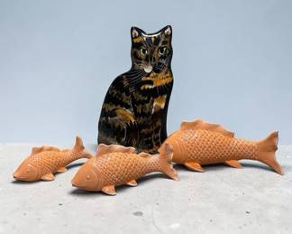 Calico Cat Vase And Three Orange Wall Fish