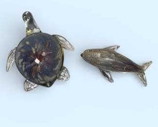 Beautiful MuranoStyle Iridescent Turtle And Dolphin Glass Sculptures