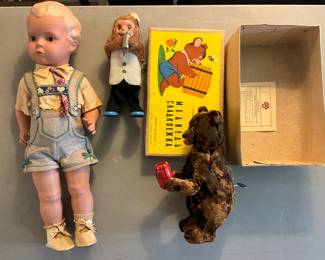 Antique doll, vintage windup monkey (Japan), bear (USSR)