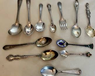 STERLING SILVER SPOONS, MISC VINTAGE SILVERPLATE PIECES