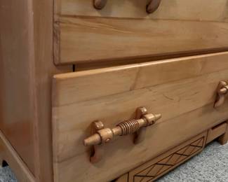 VINTAGE MAPLE COTTAGE STYLE WOODEN CHEST WITH CLIPPER SHIP NAUTICAL CARVING CIRCA 1940