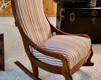 ANTIQUE LINCOLN STYLE LADIES SEWING ROCKING CHAIR.  MAHOGANY CIRCA 1880