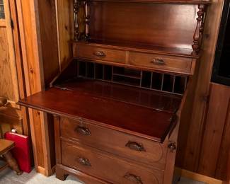 CIRCA 1940 CHERRY BOOKCASE / DESK WITH STEPPED BACK BOOKCASE - DROP FRONT DESK FRUIT CARVED PULLS 