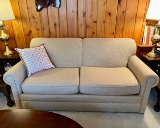 TAN COLOR LOVESEAT AS IS - OTHER SIDE OF CUSHIONS ARE SLIGHTLY WORN. THIS SIDE PERFECT