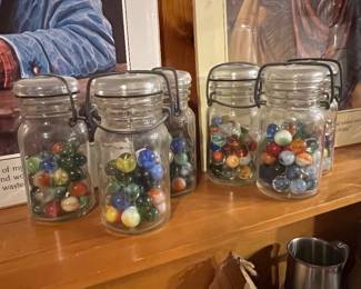 VINTAGE BALL JARS WITH VINTAGE MARBLES