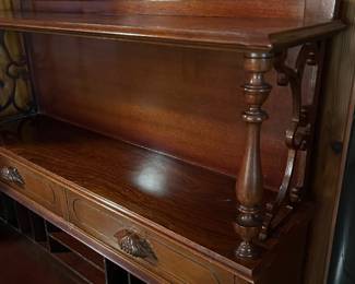 CIRCA 1940 CHERRY BOOKCASE / DESK WITH STEPPED BACK BOOKCASE - DROP FRONT DESK FRUIT CARVED PULLS 