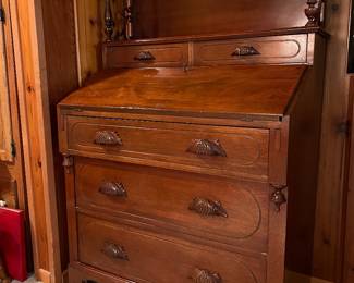 CIRCA 1940 CHERRY BOOKCASE / DESK WITH STEPPED BACK BOOKCASE - DROP FRONT DESK FRUIT CARVED PULLS 
