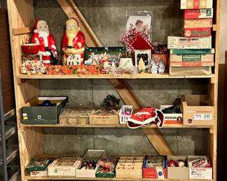 4 shelves of Vintage Shiny Brite Christmas ornaments!