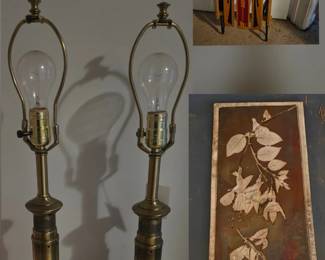 Eiffel Tower Lamps, Vintage Paris Sled, Stiffel Brass Lamps, Giusti Raku Pottery Wall Plaque