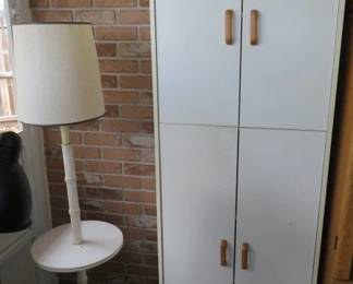 White Faux Bamboo Table Lamp/White/Oak Storage Cabinet