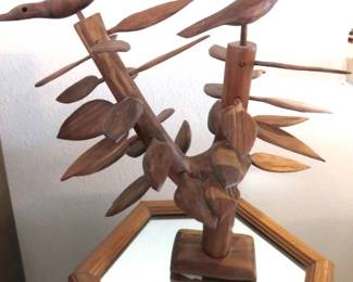 Mid Century Teak Hand Carved Wooden Bird Tree