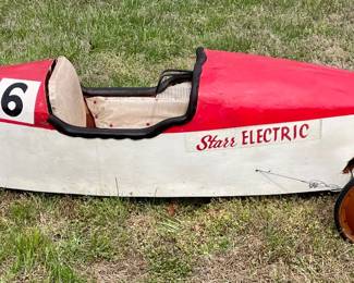 VINTAGE 1963 STARR ELECTRIC SPONSORED SOAP BOX DERBY CAR - WON 3 OF 4 RACES w/HELMET 