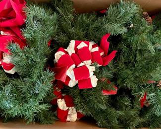 BOX LOT OF 7-WINDOW SWAGS WITH BOWS, 2-LARGE WREATHS WITH BOWS, GARLAND RUN