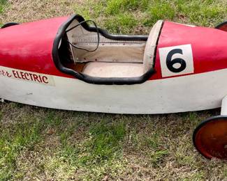 VINTAGE 1963 STARR ELECTRIC SPONSORED SOAP BOX DERBY CAR - WON 3 OF 4 RACES w/HELMET