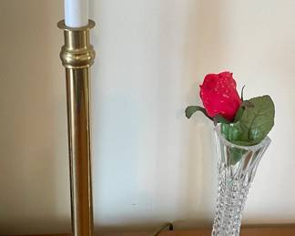 BRASS CANDLESTICK LAMP, CRYSTAL BUD VASE