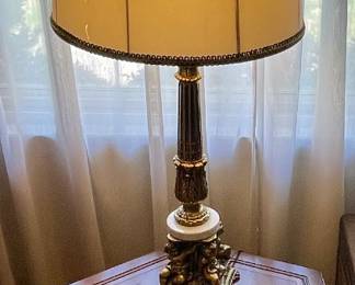 VINTAGE HEXAGON END TABLE, BRASS LAMP